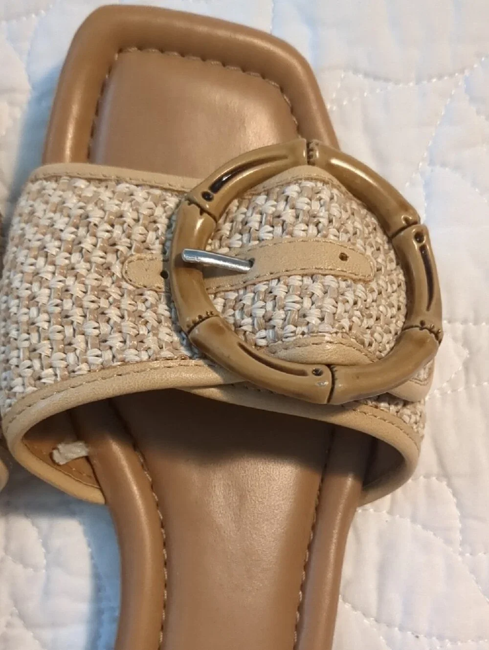 a new day Tan Woven Slide Sandals with Gold Buckle